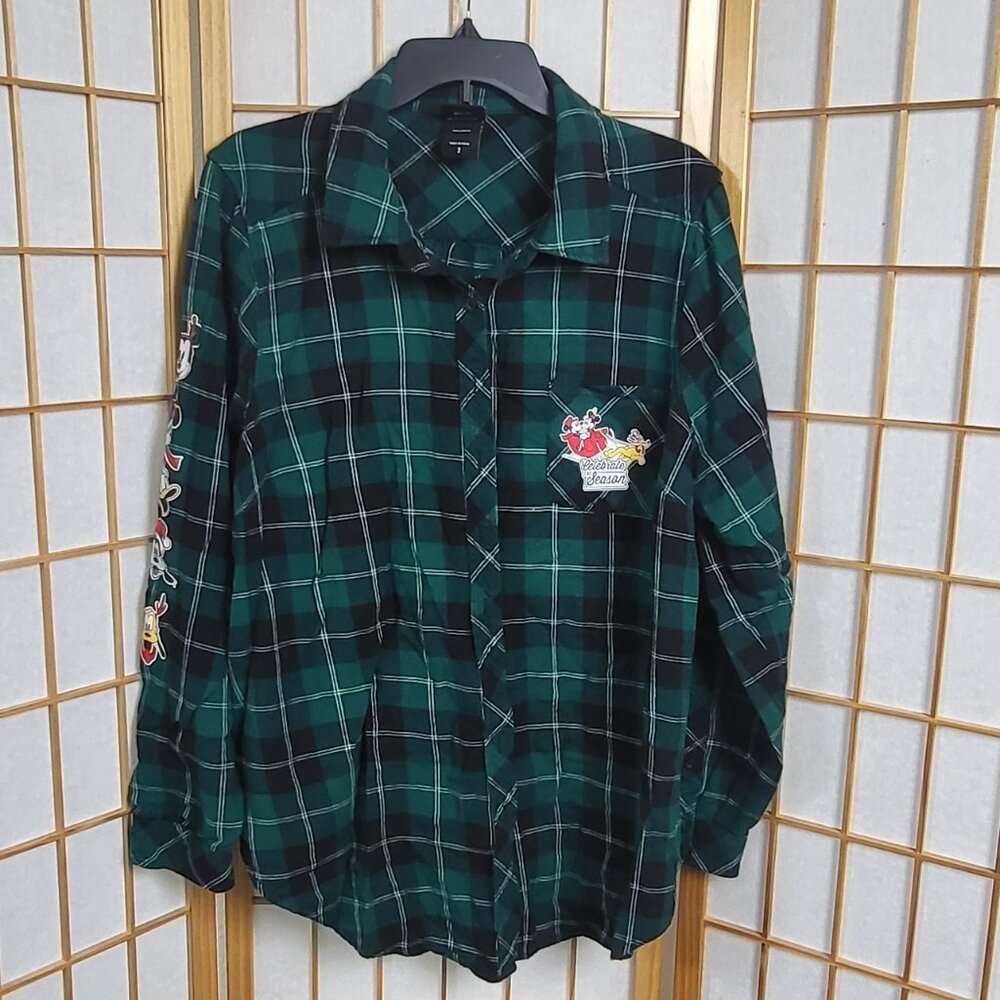 Disney long-sleeve green plaid Christmas button up ladies shirt with Pluto 2X